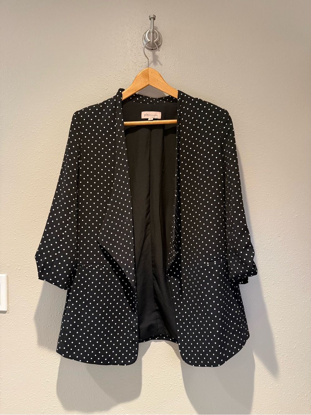 Philosophy Polka Dot Open Front Blazer Ruched 3/4 Sleeve Black White Size Medium